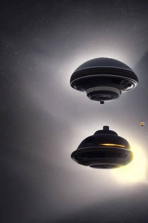 Image similar to A tiny UFO flying through space, pixar, dramatic lighting, cinematic, establishing shot, extremely high detail, foto realistic, cinematic lighting, post processed, concept art, high details, cinematic, 8k resolution, beautiful detailed, photorealistic, digital painting, artstation, concept art, smooth, sharp focus, artstation trending, octane render, unreal engine