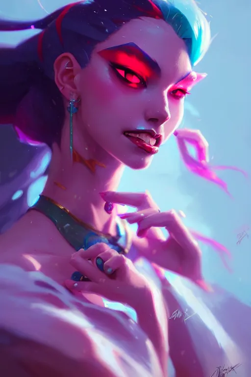 Prompt: a ultradetailed beautiful painting of jinx from league of legends, by greg rutkowski, conrad roset, and ilya kuvshinov trending on artstation