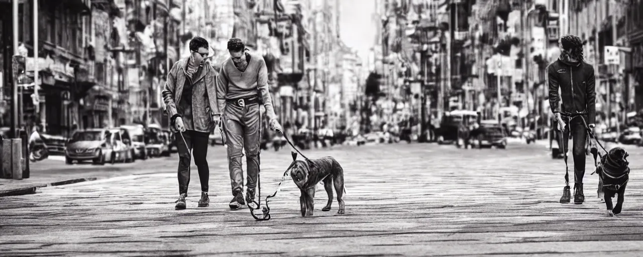 Prompt: “Humanoid dog wearing clothes walking his leashed human pet on the busy city street. Photorealistic”