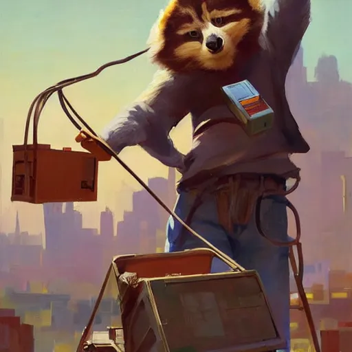 Image similar to greg manchess painting of a trash panda character, holding a box of cables and standing next to old electronic equiptment, medium shot, asymmetrical, profile picture, organic painting, sunny day, matte painting, bold shapes, hard edges, street art, trending on artstation, by huang guangjian and gil elvgren and sachin teng