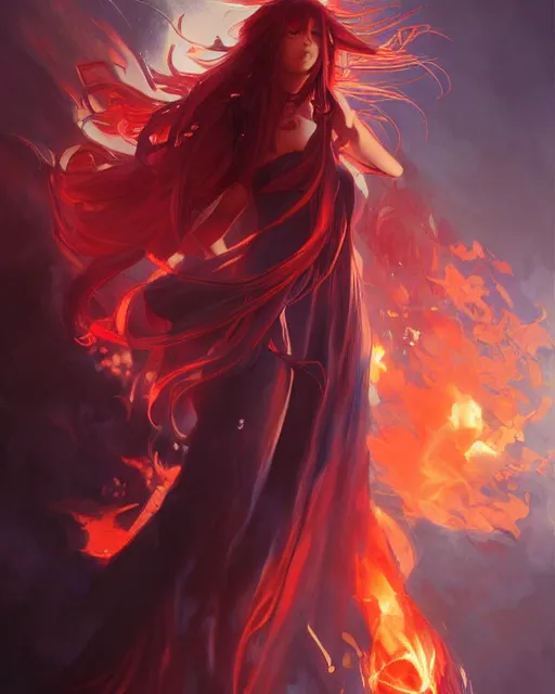 Image similar to red eyed beautiful long haired anime girl, full body photo, flames everywhere, highly detailed, digital painting, artstation, concept art, smooth, sharp focus, illustration, art by artgerm and greg rutkowski and alphonse mucha