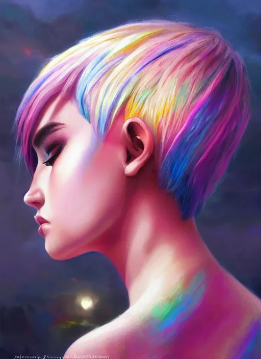 Image similar to girl with rainbow hair, pixie haircut, beautiful highly detailed face, complementary lighting, backlit, black eyeshadow, lipstick, divine, dramatic lighting, landscape background, beautiful painting by artgerm and greg rutkowski and raymond swanland