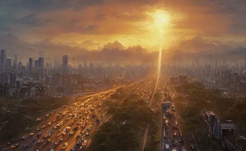 Image similar to beautiful landscape painting of peak hour traffic, edsa, manila, sunrise, god's rays highly detailed, vivid color, cinematic lighting, perfect composition, 8 k, gustave dore, derek zabrocki, greg rutkowski, belsinski, octane render