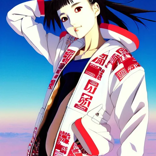 Image similar to a beautiful japanese natalie portman gravure model, wearing oversized native designer bomber jacket and leotard, bulky poofy bomber jacket with mesoamerican patterns, mesoamerican native street fashion, gapmoe yandere grimdark, trending on pixiv fanbox, painted by greg rutkowski makoto shinkai takashi takeuchi studio ghibli, akihiko yoshida