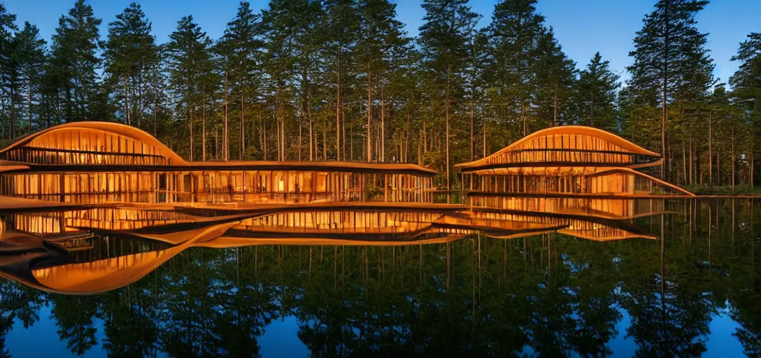 Prompt: curved roof planes lift and descend creating shade and architectural expression, highly detailed, situated in the forest, next to a highly reflective lake, at dusk, vivid color, high resolution photography, mist, luxury