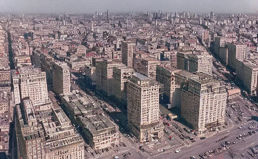 Prompt: high quality 2000s historic footage of soviet boulevard with stanilist style high rise and pedestrians, color aerial photo drone, Cinestill 800t, heavy grainy picture, very detailed, high quality, 4k panoramic