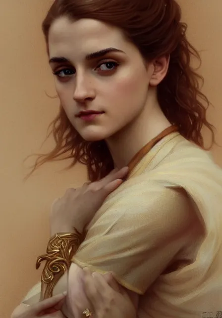 Prompt: sansa emma watson sunny gold, intricate, elegant, highly detailed, digital painting, artstation, concept art, smooth, sharp focus, illustration, art by artgerm and greg rutkowski and alphonse mucha and william - adolphe bouguereau