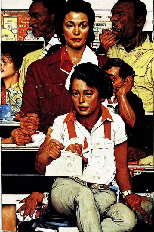 Prompt: Jackie Brown painted by Norman Rockwell