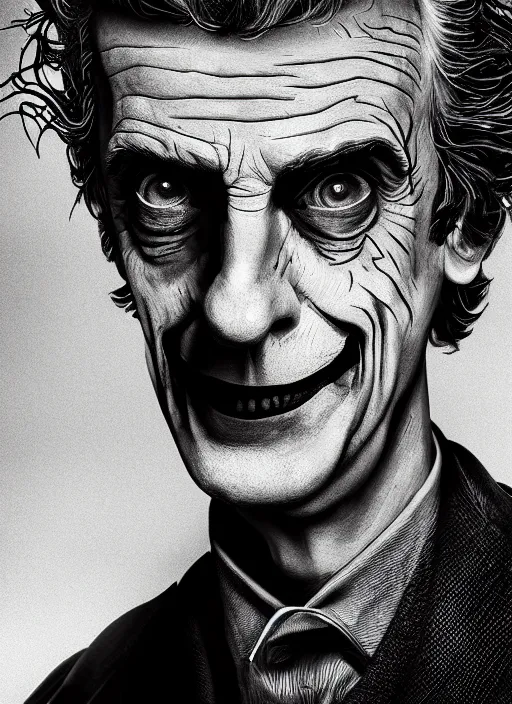 Prompt: photo of Peter Capaldi as the Joker by Lee Jeffries and Eolo Perfido, big smile, head shot, detailed, award winning, Sony a7R, trending on artstation