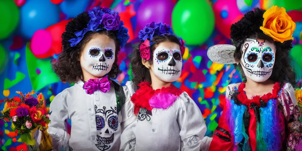 Prompt: day of the dead costumes, kids birthday party, kids birthday party, photoshoot, trending magazine, hyperrealistic, octane render,