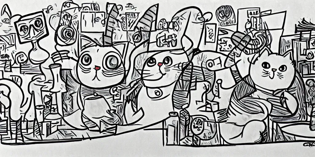 Prompt: chubby cartoon concept art, cat drinking soda, from lorax movie, spiral clouds, sam and max by pablo picasso