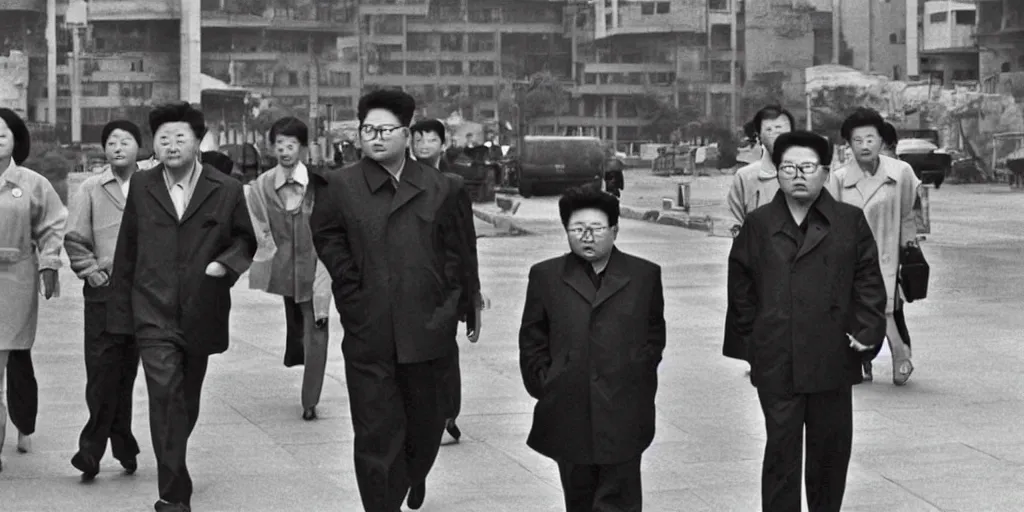 Image similar to kim jong - il walking in 1 9 6 0 s pyongyang, film noir in the style of ghost in the shell by mamoru oshii