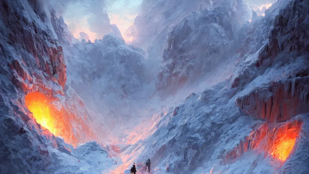 Prompt: in a coldly mountain, covered with snow, d by a crack begin to erupt incandescent magma, dramatic lighting, dynamic lighting, cinematic lighting, lit by morning light, by makoto makoto, krenz cushart and artgerm, anime, featured on artstation, ultrawide angle