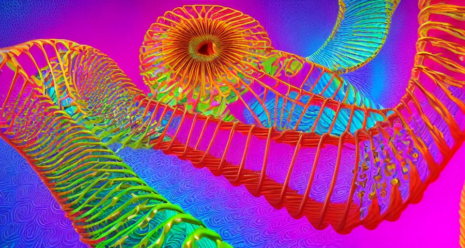 Prompt: psychedelic 3d vector art illustration of garden full of colorful double helix dna strands and exotic flowers by Lisa frank, Beeple and Tim Hildebrandt, hyper realism, Art deco , intricate, elegant, highly detailed, unreal engine, octane render, artstation, smooth, sharp focus, sharp contrast