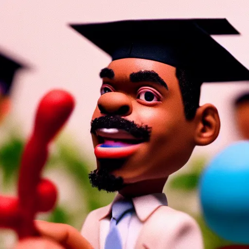 Image similar to a cinematic film still of a claymation stop motion film starring chance the rapper as a college student, shallow depth of field, 8 0 mm, f 1. 8