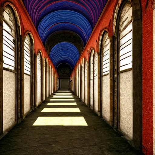 Prompt: a long colorful asylum hallway, arched ceiling, one point perspective, vanishing point, symmetrical composition, rich colors, dramatic lighting, by lee madgwick, photorealistic, v - ray render 8 k uhd