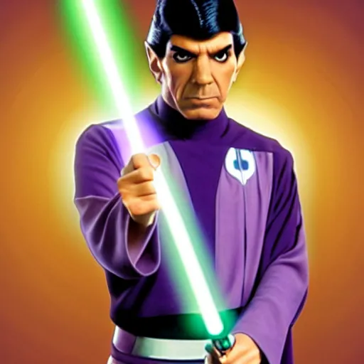 Prompt: Jedi Spock wielding a purple lightsaber