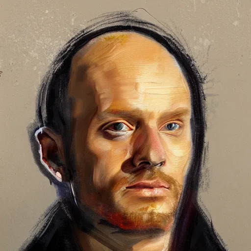 Image similar to an artstation trending portrait painting of a bald english man standing in front of a building on fire