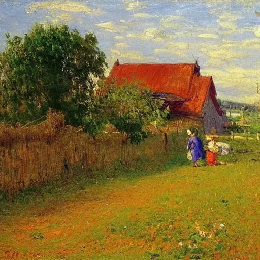 Prompt: farm in rural france, 1885, bright colored highly detailed oil on canvas, by Ilya Repin