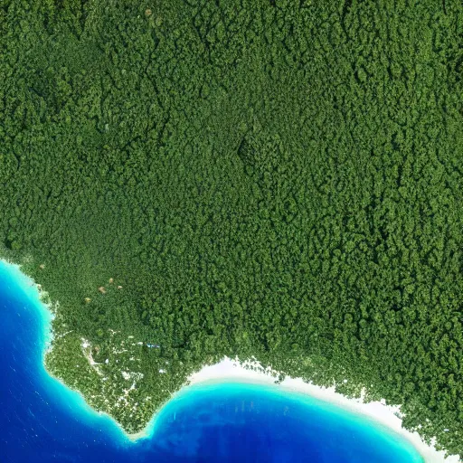 Prompt: satellite view of a large island covered in many lush, green, trees, with a few mountains, surrounded by beach fronts and shallow blue water, award winning satellite photography