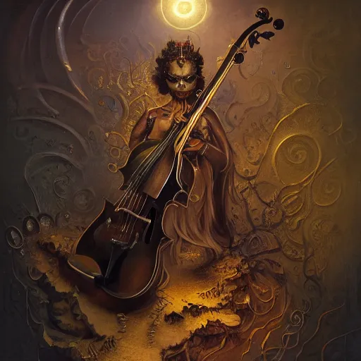 Image similar to illustration of close low angle view of an ornate obsidian gothic violin played by a goddess with gold spidery embellishments, night, smoke, ground fog, by peter mohrbacher, by frank frazetta, by vincent di fate, large depth of field, super detailed, digital art, trending on artstation, ornate