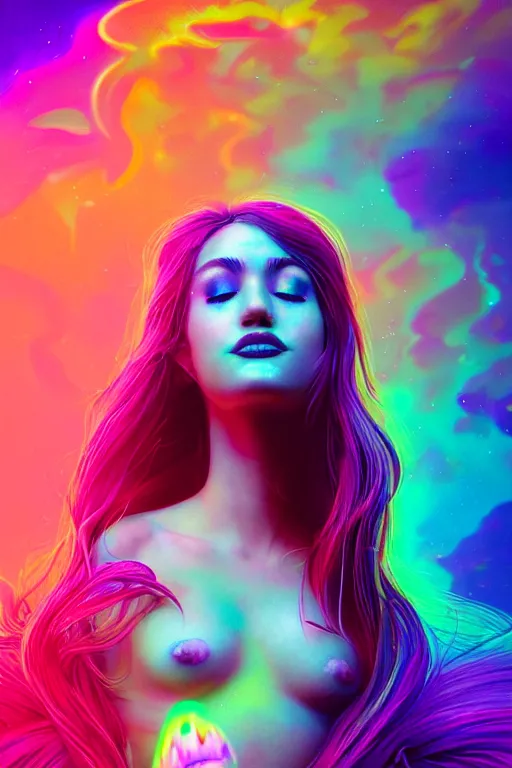Image similar to a beautiful girl engulfed in colorful liquid smoke and neon clouds, a colorful psychedelic experience, psilocybin, dmt, lsd, face, highly detailed, artstation, concept art, sharp focus, by hana yata, and artem demura and beeple, lisa frank, shannon maer, octane render, unreal engine, 8 k