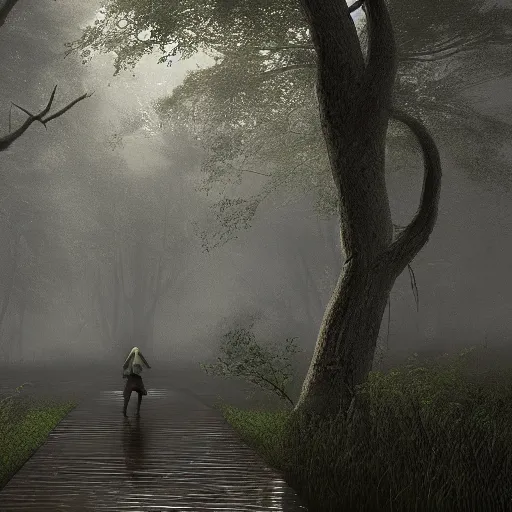 Image similar to an adventurer walking in a misty swamp, melancholic atmosphere, morrowind, artstation, great level of detail