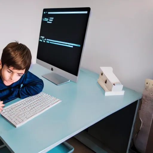 Prompt: a cute boy coding in a fantasy office