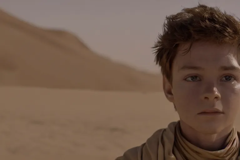 Image similar to a cinematic headshot portrait of a boy in the movie dune, in a serene vast desert, film still, cinematic, movie still, dramatic lighting, 1 6 : 9 ratio