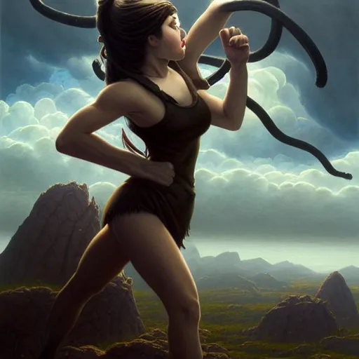 Image similar to highly detailed painting of sasha grey fighting a looming demigod, dramatic, sense of scale, stephen bliss, unreal engine, greg rutkowski, ilya kuvshinov, ross draws, hyung tae and frank frazetta, tom bagshaw, tom whalen, nicoletta ceccoli, mark ryden, earl norem, global illumination, god rays, windswept