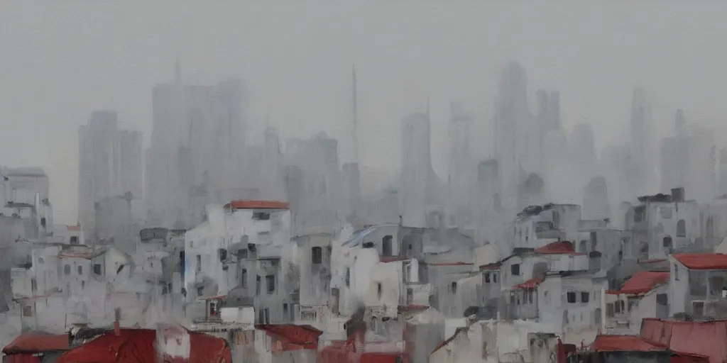 Prompt: In the foreground is a small white house, and in the background is the smoky China City, Stefan Hirsch painting style.