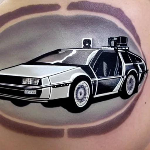 Image similar to a tatoo of delorean from back to the future,