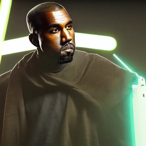 Image similar to Portrait of Kanye West as a jedi in Star Wars, holding lightsabre. splash art, cinematic lighting, dramatic, octane render, long lens, shallow depth of field, bokeh, anamorphic lens flare, 8k, hyper detailed, 35mm film grain