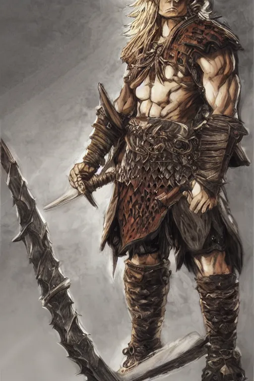 Image similar to A realistic anime portrait of a young handsome male barbarian with long wild hair, intricate fantasy spear, plated armor, D&D, dungeons and dragons, tabletop role playing game, rpg, jrpg, digital painting, by Frank Frazetta, concept art, highly detailed, promotional art, HD, digtial painting, trending on ArtStation, golden ratio, rule of thirds, SFW version