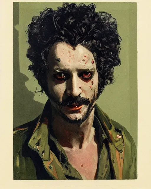 Image similar to a beautiful but sinister man in layers of fear, with haunted eyes and wild hair, 1 9 7 0 s, seventies, woodland, a little blood, moonlight showing injuries, delicate embellishments, painterly, offset printing technique, by brom, robert henri, walter popp