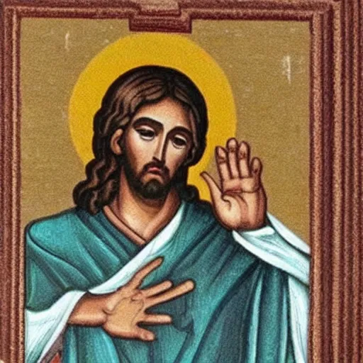 Image similar to jesus as a gangsta, making a v with his hand