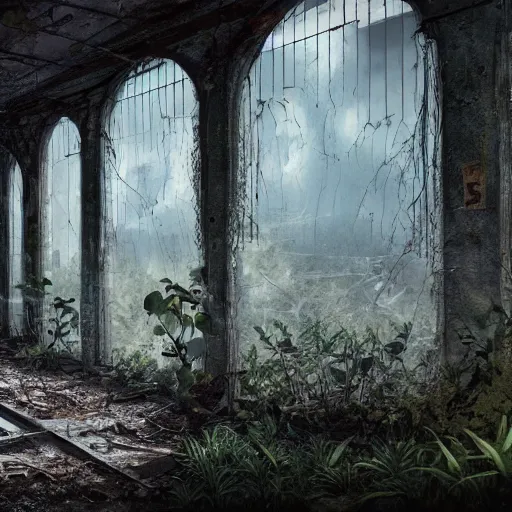 Image similar to abandoned high school overtaken by plants and nature and rot, artstation, high quality, detailed, eerie atmosphere