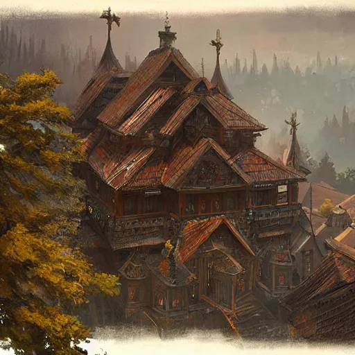 Prompt: wooden slavic temple view from high, greg rutkowski,