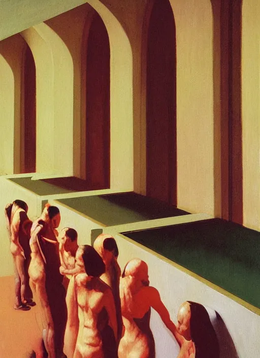 Image similar to sausage line at the art deco hospital painting by Edward Hopper and James Gilleard, Zdzislaw Beksinski highly detailed