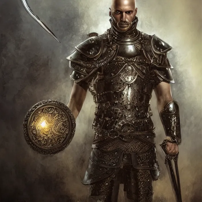 Image similar to a highly detailed symmetrical full body painting of a bald male warrior in leather armour with piercing eyes in dark tomb setting, dynamic lighting, ambient lighting, deviantart, art by artgerm and karol bak and mark brooks