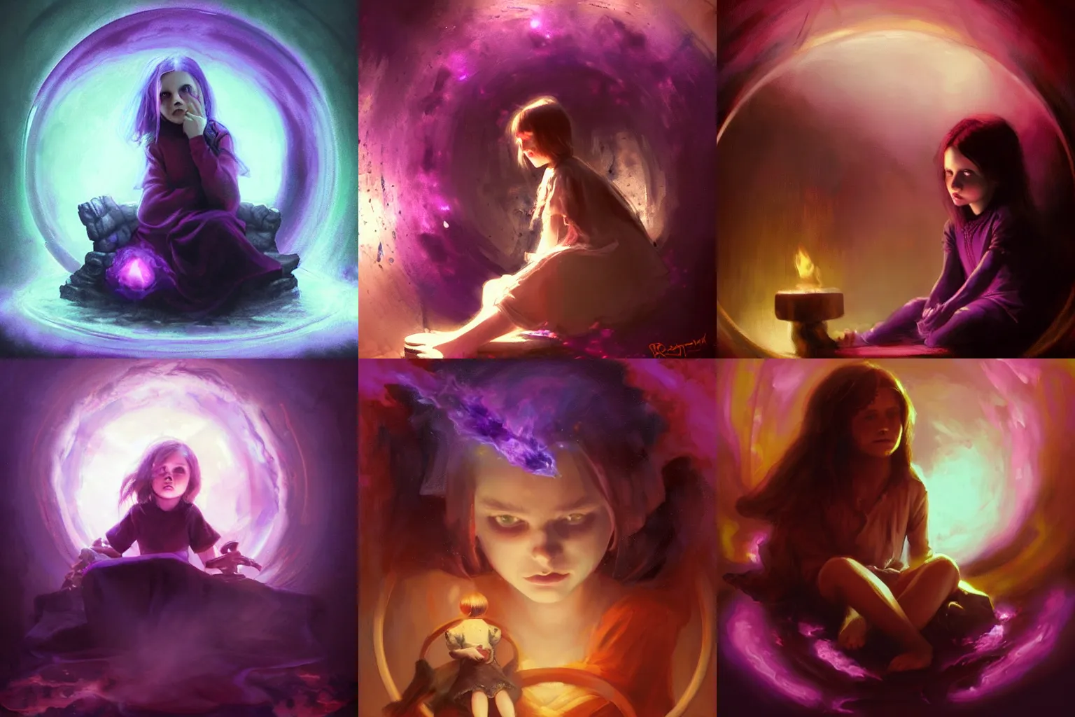 Prompt: young creepy girl sitting inside circle of dark purple fire, painted by raymond swanland, little nightmares, detailed,
