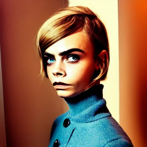 Image similar to photo of a gorgeous 20-year-old Cara Delevingne with 1960s hairstyle by Mario Testino, detailed, head shot, award winning, Sony a7R -