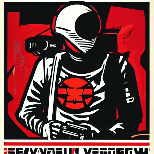 Image similar to Illustrated by Shepard Fairey and H.R. Geiger | Cyberpunk Soviet soldier with VR helmet, surrounded by cables, Soviet Propaganda poster