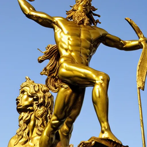 Prompt: golden statue of Poseidon, the god of the sea, with trident and crown