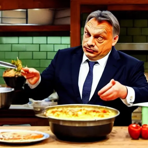 Image similar to viktor orban cooks in a tv show, oil painting