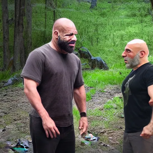 Prompt: photo of ancient caveman surprised to meet Joe rogan, ultra realistic, 4k UHD, pristine