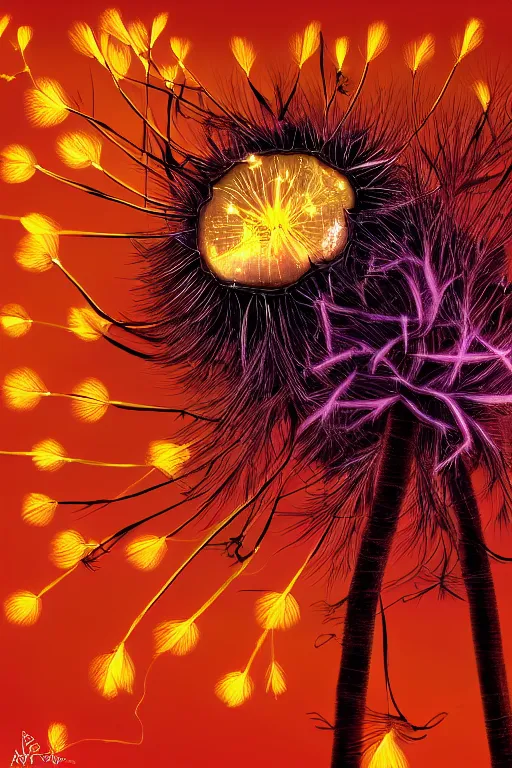 Image similar to glowing dandelion plant monster, amber eyes, highly detailed, digital art, sharp focus, ambient lighting, autumn, trending on art station, anime art style