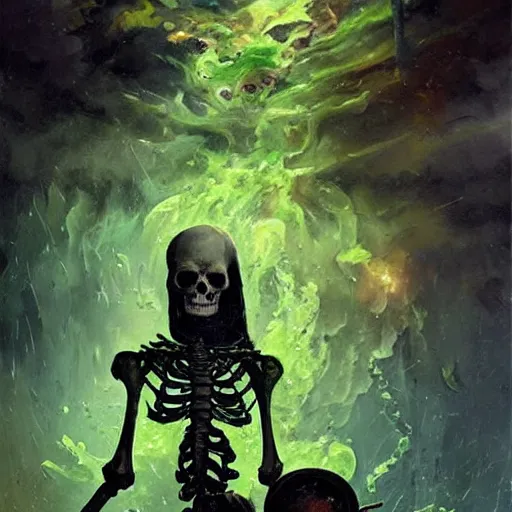 Prompt: A highly detailed oil painting by Greg Rutkowski and Afremov of a skeleton wearing black robes making a potion glowing bright green in a huge bubbling cauldron, highly detailed fantasy concept artwork, very realistic.