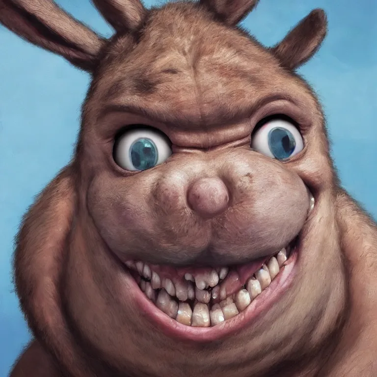 Prompt: hyper realistic, close up portrait of a mega derpy mr. bean, big chungus, with bunny ears, smoking massive amounts of weed, big smile, buck teeth, hillbilly, by greg rutkowski, scott m fischer, artgerm, loish, slight glow, atmospheric, anne stokes, alexandros pyromallis, 4 k, 8 k