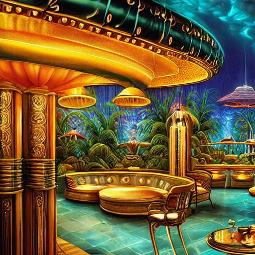 Image similar to beautiful Peter Mohrbach and Mark Keathley highly detailed illustration of an underwater art deco lounge